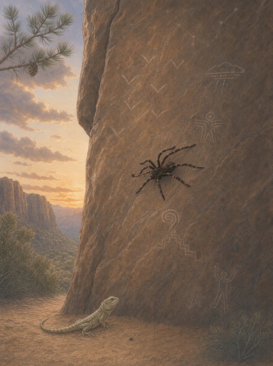 Tina the tarantula clings to a sacred canyon wall covered in ancient etchings while Roxanne the iguana watches from the sand below at sunset