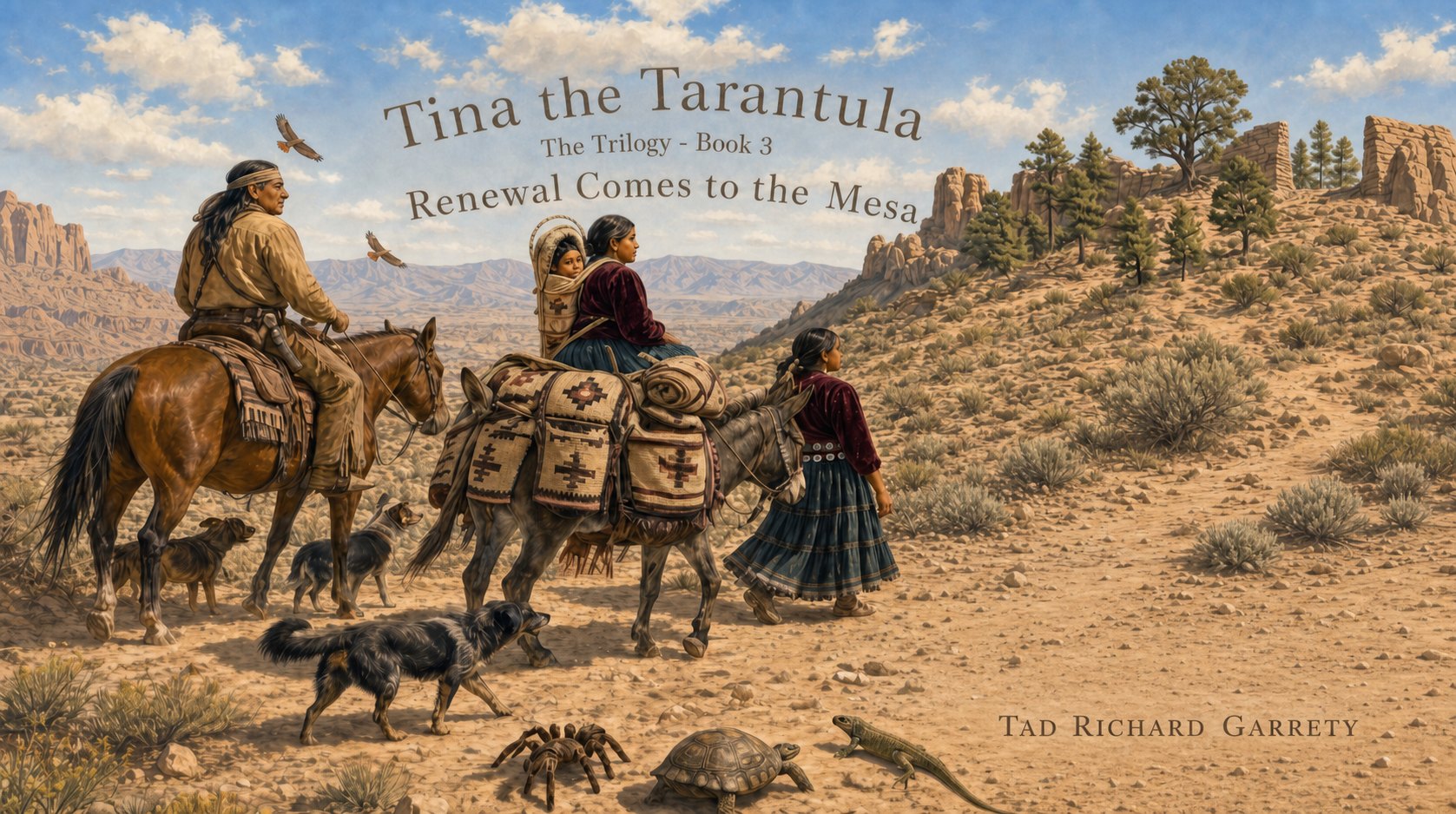 Book 3 scene: the Navo family travels toward the sacred site and a stand of pinyon pines, with Tina and companions on the trail. Art by Tad Richard Garrety.
