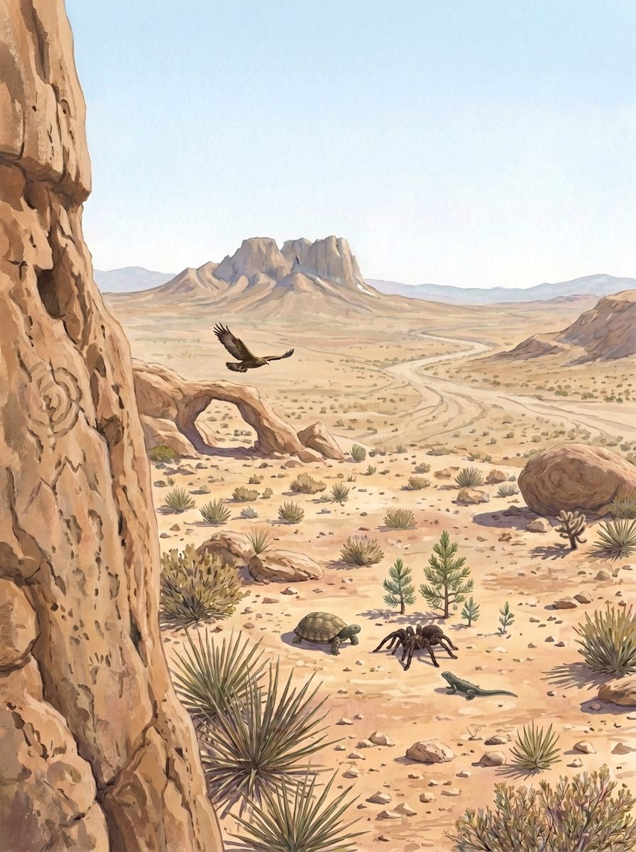 Tina the tarantula with Jasper the tortoise and Roxanne the iguana in a Mojave desert landscape