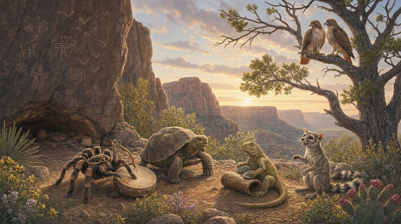 Desert creatures making music together near canyon rock art